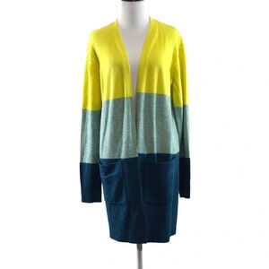 A New Day Blue Yellow Stripe Knit Tunic Cardigan Sweater Womens Small Open Front